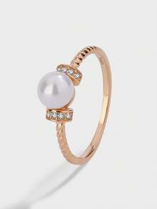 1枚925纯银镀玫瑰金奢华人造玻璃珍珠戒指，镶钻边缘设计，温柔优雅风格女士珠宝 - 白色 - 查看 8