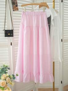 甜美女孩粉色格子高腰A字中长裙，夏季青春泡泡裙 - 粉色 - 查看 7