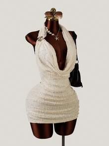 2026 New Knitted Hollow Out Sexy Low-Cut Plunging Neck Backless Sleeveless Mini Bodycon Dress, Party Celebration, Spring/Summer, Date Outfit Elegant - Champagne - View 3