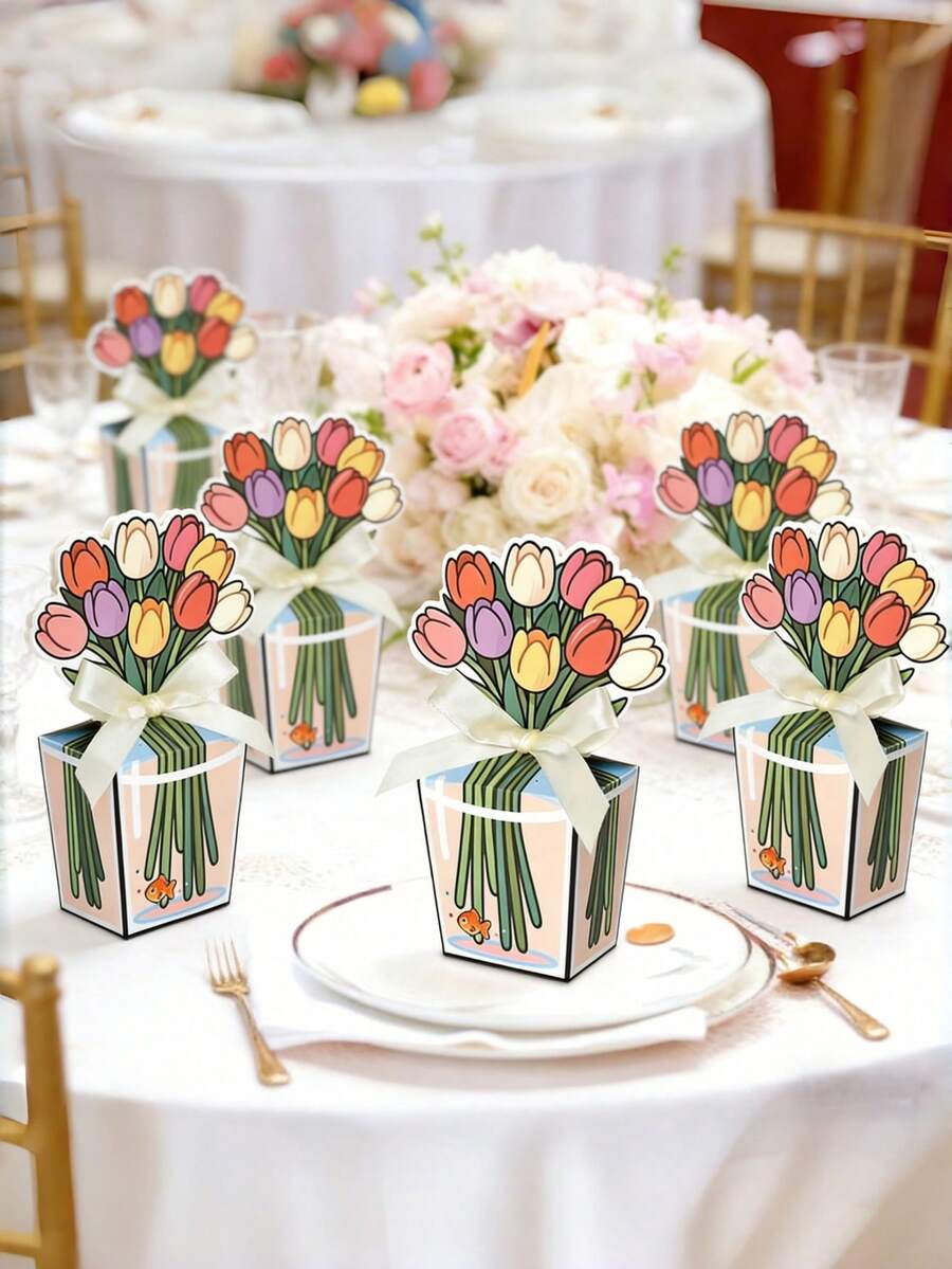 10pcs Floral Party Gift Boxes, Hand-Painted Transparent Small Fish Vase Decor, 3D Flower Small Gift Boxes With Ribbons, Creative Romantic Tulip Flower Gift Boxes, Colorful Tulip Pattern Suitable For Birthday, Wedding, Anniversary, Party, Confession, Housewarming - Surprise Small Gifts For Family And Friends - Multicolor - View 1
