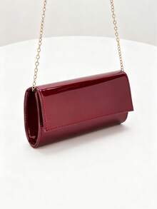 2025新款时尚银色金属晚宴包，女士PU皮革亮面镜面翻盖手拿包，优雅派对单肩包配链条钱包 - 酒紅色 - 查看 3