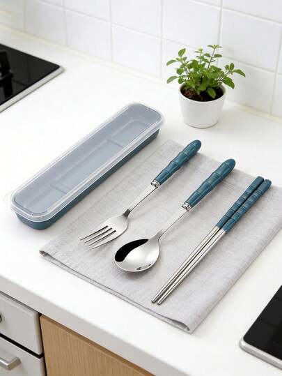 1件套餐具 3件套不锈钢便携餐具套装（筷子、勺子、叉子） 适用于聚会、旅行、厨房、餐厅、开学季礼物 斋月餐具