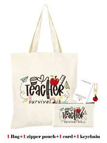 10/5/4/2pcs/1pc/Set Teacher Themed Canvas Tote Bag, Shopping Bag, Zipper Pouch, Appreciation Card, Apple Keychain Canvas Gift Set, Suitable For Back To School, Graduation, Teacher's Day, Multi-Purpose Shopping Bag, Book Bag, Stationery Pouch Set, Portable For SPA, Party, Gym, Travel, Cosmetic Organizer - Beige - View 31