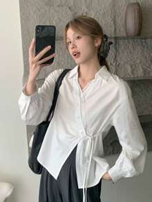 French Elegant Lace Trim Blouse, New Design, Unique, Side Tie Details, Korean Style - White - View 1