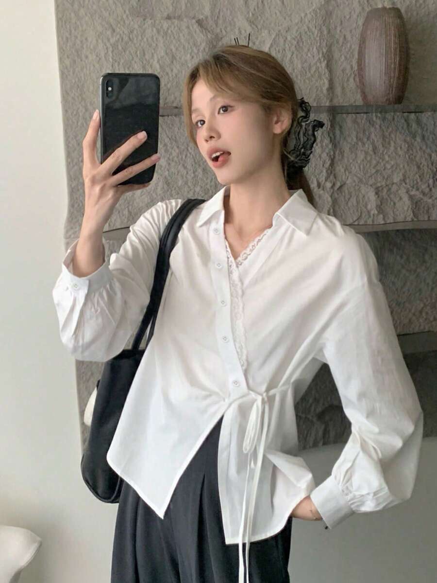 French Elegant Lace Trim Blouse, New Design, Unique, Side Tie Details, Korean Style - White - View 1