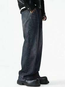 1件装男士宽松Y2K蓝色牛仔裤，街头休闲透气牛仔裤，适合城市漫步、家庭郊游、四季穿着。 - 藍色 - 查看 4