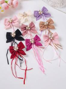 10pcs/Pack Pearl Flower Decor Waffle Fabric Ribbon Bow Hair Clips For Girls, Barrettes, Side Clips, Bangs Clips, Rhinestone Shiny Hair Accessories, Suitable For Valentine's Day, Christmas, Everyday Use - Multicolor - View 4