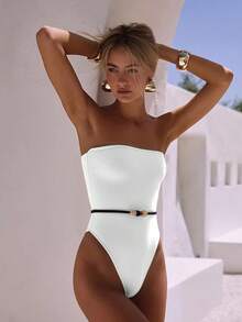 Cream White Bandeau One-Piece Swimsuit With Tie Waist, Sexy Holiday Swimwear - White - View 1