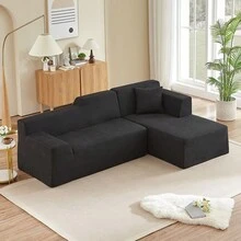 YOGLAD Modern Minimalist L-Shaped Corduroy Sectional Sofa, Cream Wide Striped Upholstered Couch, Plush Deep Seat Sofa With High Back Support, Contemporary Corner Sofa For Living Room Apartment Home - màu đen - Xem 5