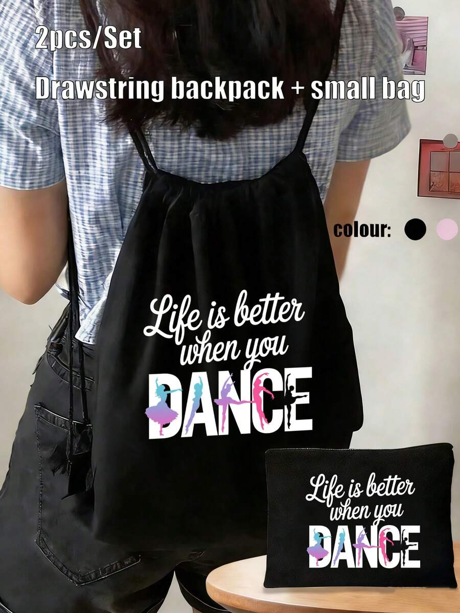 两件套时尚简约印花双肩包，带抽绳口袋，印有“舞蹈三色”图案；休闲可折叠单肩包，配有固定肩带和搭扣；大容量运动包；可重复使用旅行包；内含化妆包、洗漱包、钱包、休闲收纳手拿包；适合健身、舞蹈、日常通勤和户外运动；新年礼物、情人节礼物 - 彩色 - 查看 1