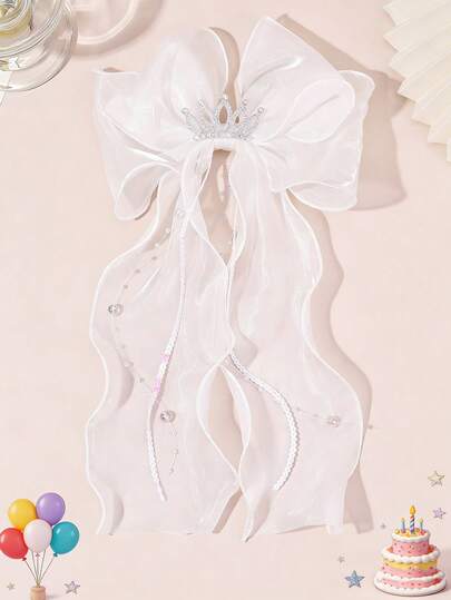 1 pieza Lazo de pelo con corona para cumpleaños de niñas, clips de cocodrilo de tul blanco, elegantes pasadores de pelo con cinta, accesorios de pelo de princesa dulce para regalos de niñas, boda, vacaciones, fiesta