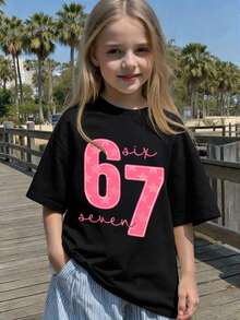 Tween Girl Numeric Print Casual Loose Fit Short Sleeve Round Neck T-Shirt - Suitable For Spring/Summer School And Outdoor Wear - Black - View 8