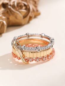 Fashionable Multilayer Adjustable Cubic Zirconia Combination Keychain Ring, Suitable For Women's Daily Wear - Set Of Rings - View 21