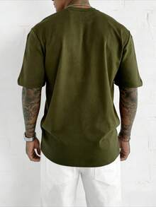男士纯色简约圆领短袖T恤，舒适时尚，通勤百搭。 - 軍綠色 - 查看 2