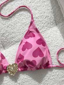 2pcs/Set Sexy Heart Elegant Backless Tie-Up Beach Vacation Outfit, Summer - Pink - View 4