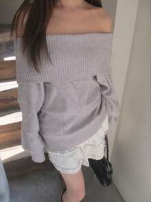 韩版女士休闲露肩针织衫，适合秋冬春季穿着 - 灰色 - 查看 5