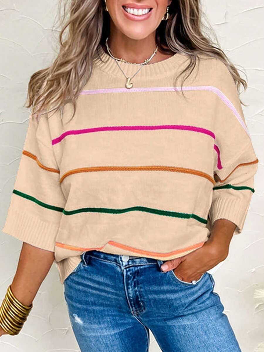 Acelitt Colorblock Striped 3/4 Sleeve Off Shoulder Casual Knit Top, Suitable For All Seasons - Apricot - View 1