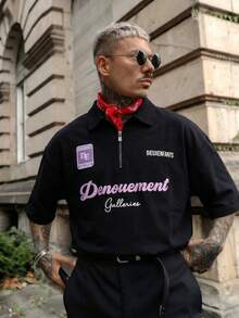 男士宽松四分之一拉链POLO衫，饰有Denouement字母和Dieuxenfants印花，舒适纯棉休闲街头服饰 - 黑色 - 查看 1