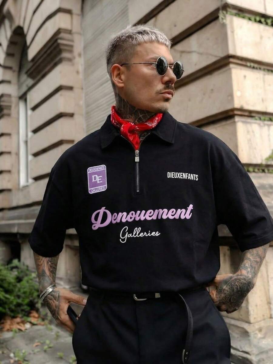 男士宽松四分之一拉链POLO衫，饰有Denouement字母和Dieuxenfants印花，舒适纯棉休闲街头服饰 - 黑色 - 查看 1