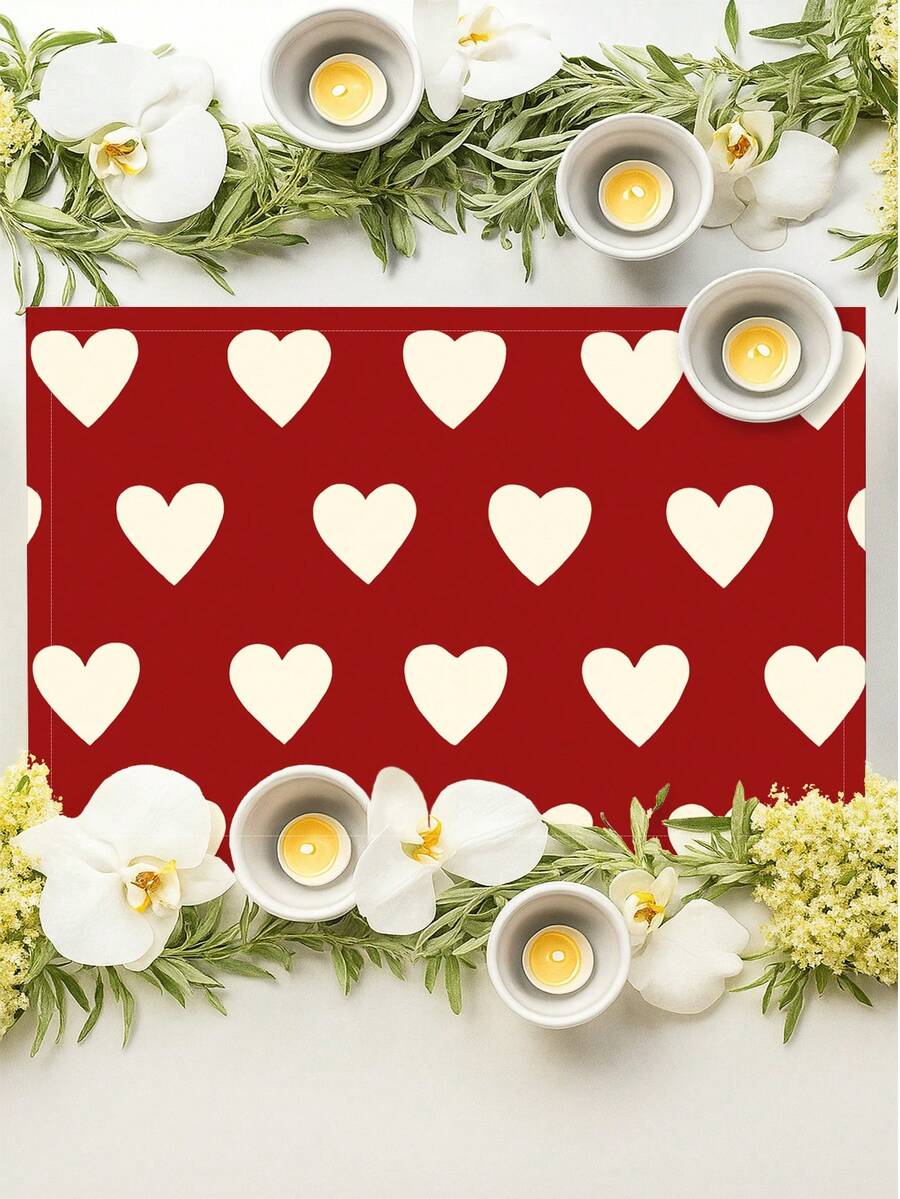 4 件装情人节餐垫，水彩爱心和乡村图案，耐热装饰餐垫，可水洗，适用于桌面、露台、圆桌、派对、厨房、餐厅、下午茶等场合，易于清洁 - 紅白色 - 查看 1