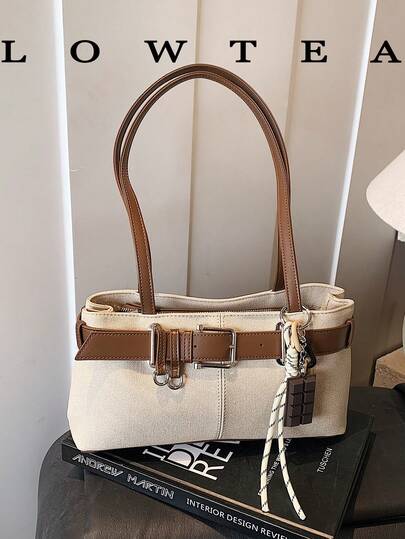  1pc Low Tea Solid Color PU Leather Shoulder Bag, Women's Retro Fashion Square Handbag With Top Double Handles, Zipper Closure, Suitable For Travel, Shopping, Dating, Women's Gift, Great For Commuting, Outdoor, Travel, Hiking