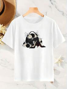 Camiseta de Mujer con Estampado de Tacón Alto| Camiseta de Manga Corta con Estampado Floral y Bolso, Cuello Redondo, Corte Holgado, No Transparente, Elegante y Versátil para Vacaciones de Primavera, Verano y Otoño y Uso Diario - [Blanco] - Ver 2