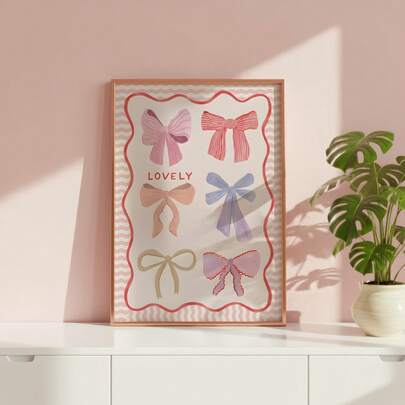 1幅粉色蝴蝶结墙画，唯美帆布印刷油画 | 适合少女卧室、客厅或办公室的学院风家居装饰，甜美柔和的女孩海报，可爱蝴蝶结艺术画，送给她的学院风礼物，可选择无框或有框