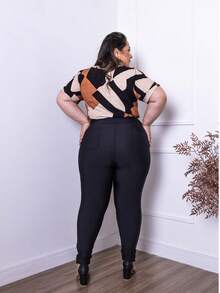 leggings PLus  Couro PU    Zíper  Bolso  Botão    Praia    Primavera - Preto - Visão 6