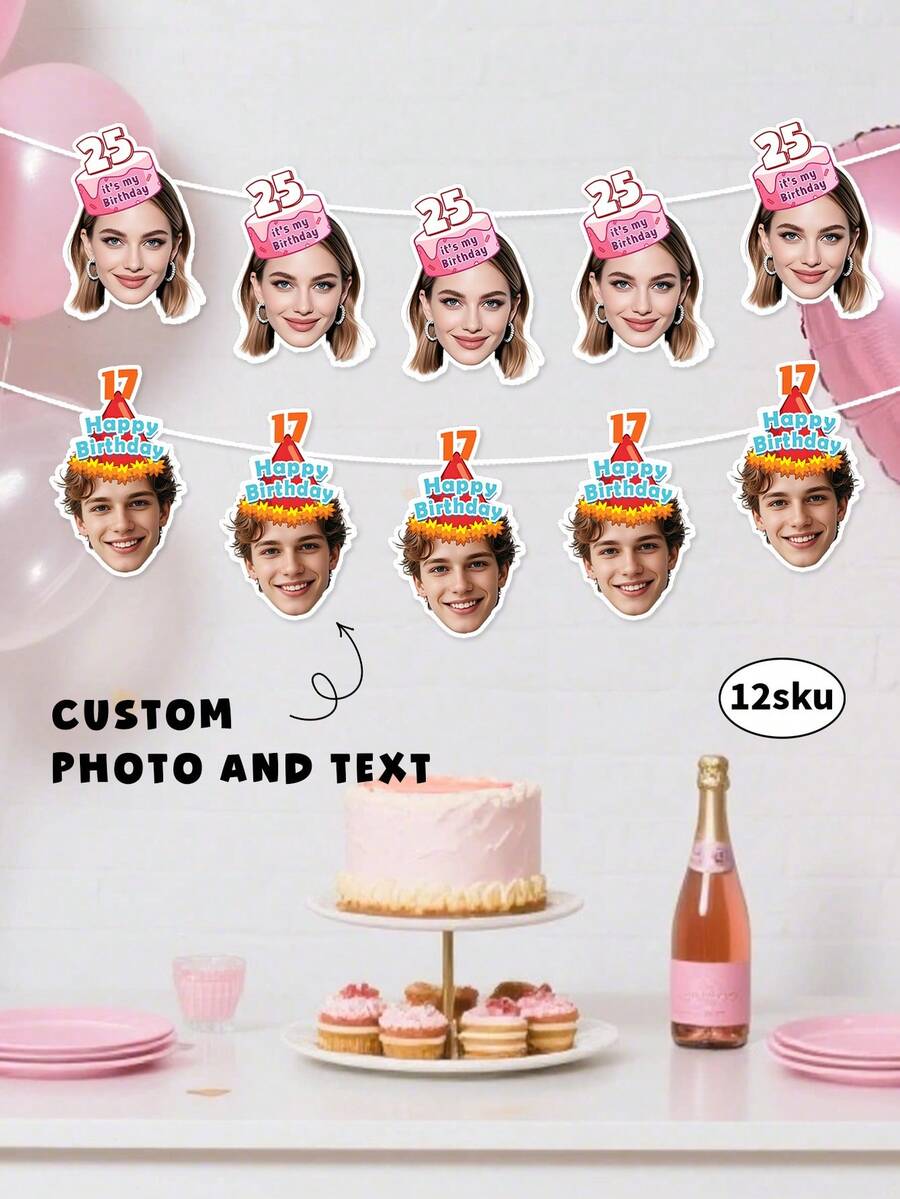 7pcs Custom Face Photo Banner,Happy Birthday Banner, Customize Photo And Text,Personalized 30th, 40th, 50th, 60th Birthday Gift For Him,Couple Gift,Unforgettable Gratitude Gift For Celebrating Special Days - متعدد الألوان - مشاهدة 1