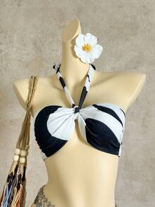 Black & White Zebra Print 3 PiecesSwim Set Women Halter Twist Bandeau Bikini Sheer Wide-Leg Pants - Multicolor - View 5