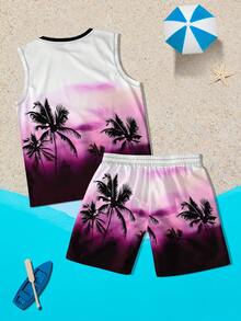 Men's Casual Palm Tree Print Sleeveless Tank Top Set - Purple - View 2
