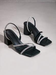 女士新款水钻粗跟方头绑带礼服鞋，适合派对和日常穿着。 - 黑色 - 查看 6