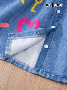 BASUSARRI 女童无袖纽扣开襟衫连衣裙,数码3D印花效果仿口袋心形图案收腰休闲衬衫裙,百搭时尚 - 藍色 - 查看 7