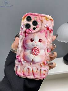 1个时尚2D（非3D）情人节粉色猫咪印花加厚防震手机保护壳，兼容苹果及苹果Series手机 - 彩色 - 查看 1