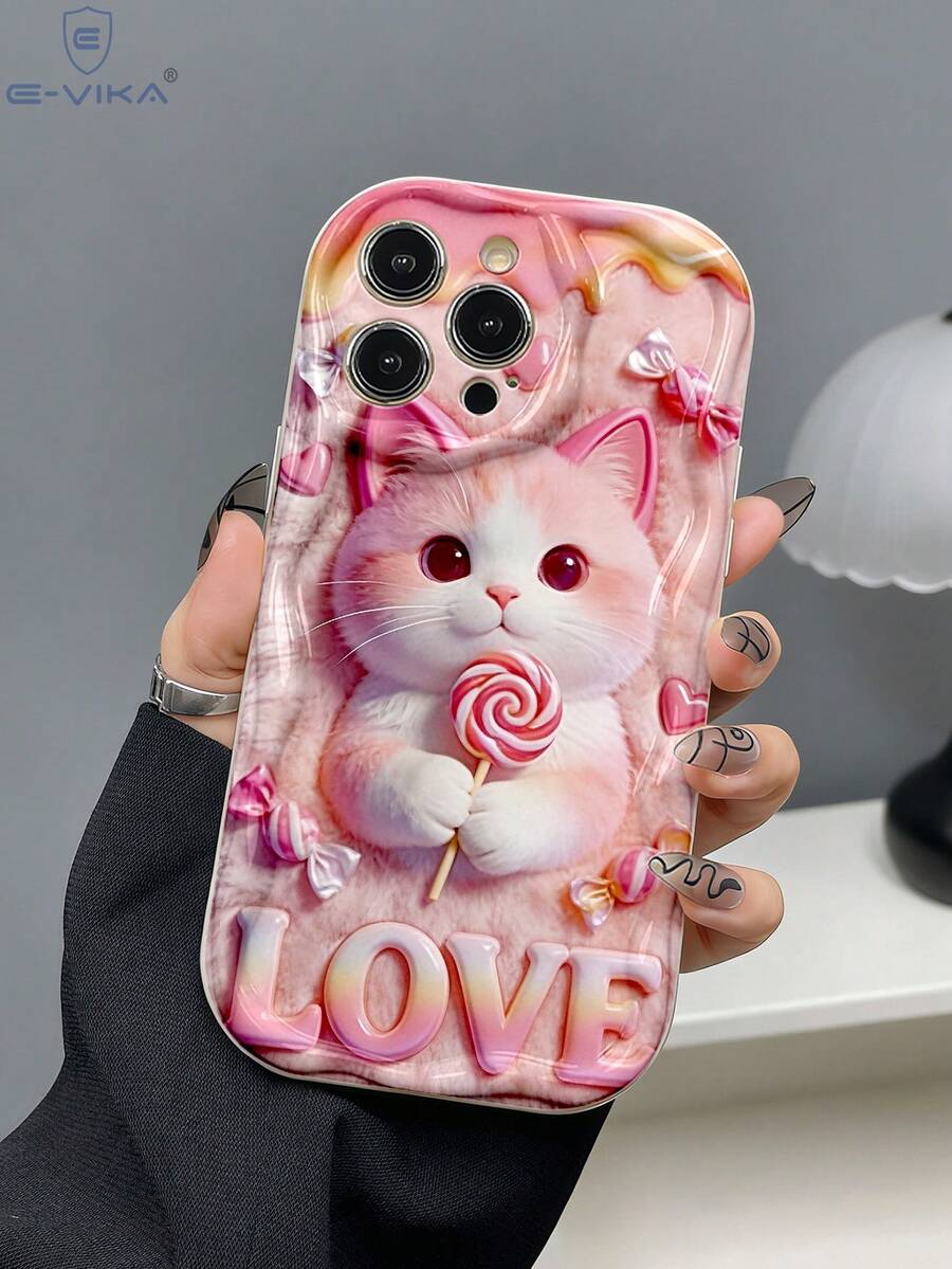 1个时尚2D（非3D）情人节粉色猫咪印花加厚防震手机保护壳，兼容苹果及苹果Series手机 - 彩色 - 查看 1