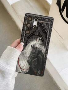 1pc Premium Creative Personalized Full-Screen Floral & Patterned Black & White Horse Painting Design, Black Matte Texture TPU Material Protective Phone Case, Suitable As Gift For Boyfriend/Girlfriend, Compatible With Samsung, , OPPO, Vivo And Other Android Models - Multicolor - View 7