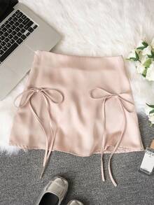 Pink Bowknot Pleated A-Line Mini Skirt For Women, Slim Fit, Lined, Side Zipper, Summer - Pink - View 7