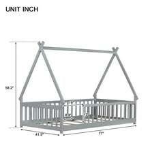 Twin Size Toddler Floor Bed With Guardrails & Slats, Grey Teepee Bed Frame For Kids, Boys, And Girls, Tent-Shaped Montessori Floor Bed - 灰色 - 查看 4