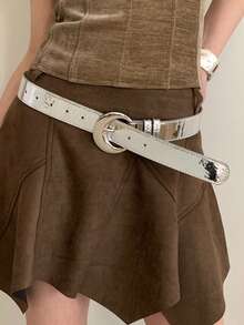 女士银色月亮扣皮带一条，百搭牛仔裤配饰，纯色皮革腰带 - A - 查看 3