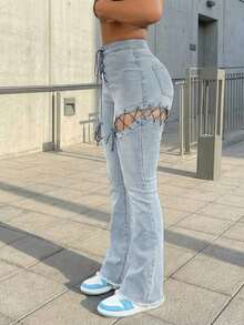 Quần áo nữ mùa thu, phong cách cô gái nóng bỏng, cạp trung thời trang, ôm sát, thắt eo, khoét lỗ, khoe chân, quần jean dài, quần thường ngày mùa xuân. - Màu xanh lam - Xem 5