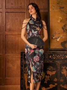 女士无袖提花花卉设计 | 高开衩 | 新款中式正式礼服，适合正式晚宴、红毯活动、盛大晚会、婚礼、慈善舞会等场合 - 尽显优雅风范 - 黑色 - 查看 4