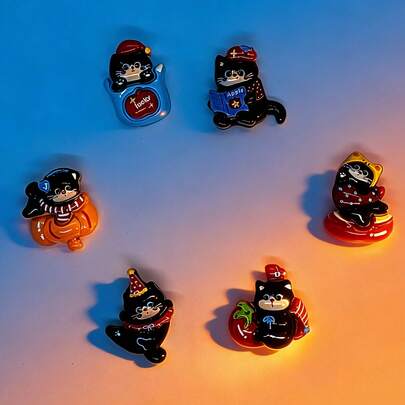 6pcs Black & Blue Naughty Black Cat Detachable Hole Punch Shoe Charms