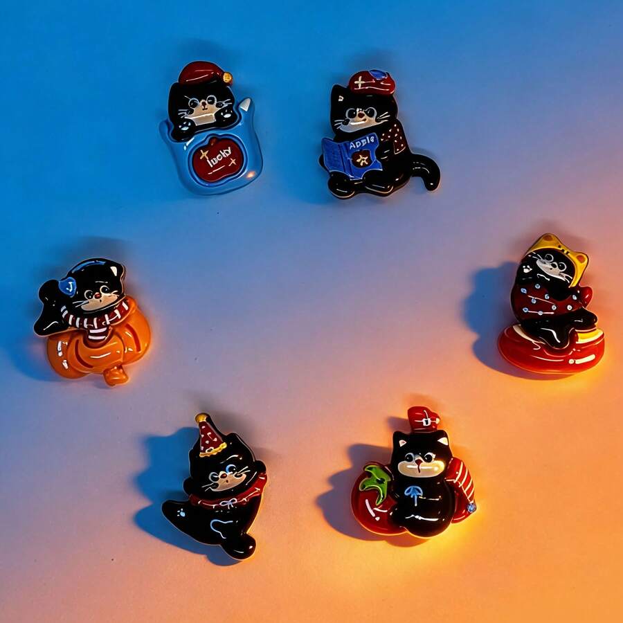 6pcs Black & Blue Naughty Black Cat Detachable Hole Punch Shoe Charms - Mischievous Black Cat - View 1