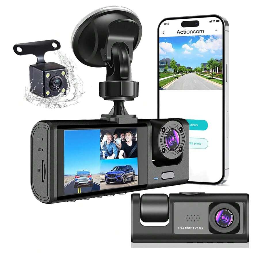 Car Dashcam, 1080P WiFi Dashcam, Front, Interior And Rear Driving Recorder, 24-Hour Loop Recording, Night Vision Motion Detection - A - View 1