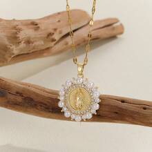 1pc Colorful Elliptical Cubic Zirconia Virgin Mary Copper Plated Gold Necklace Pendant, Suitable For Daily Wear, Prayer, Gift - Our Lady - View 13