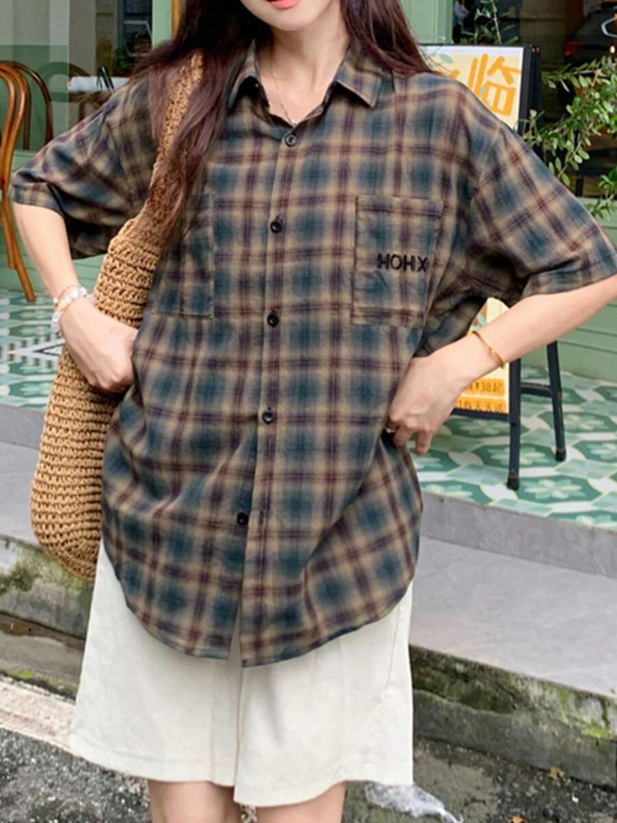 夏季新款复古格子刺绣短袖优雅Polo领百搭女式衬衫 - 藍紫色 - 查看 1