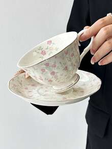 1set Retro Gold-Painted Ceramic Coffee Cup & Saucer, Hand-Painted Pink Floral Pattern, Elegant Afternoon Tea/Coffee Set, High-Quality Mug For Office, Holiday Gift Back To School - Multicolor - View 4