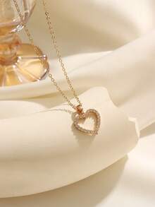 1pc Copper Alloy Cubic Zirconia Encrusted Hollow Heart Pendant, Shiny Luxury Zirconia, Suitable For Daily Wear And Holiday Gifts - Multicolor - View 3