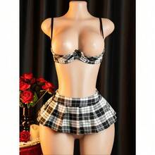 Sexy Deep V Bra And Skirt Set, Women's Underwear Plaid Uniform Combination, Suitable For Role Playing And Parties - Black and White - View 7