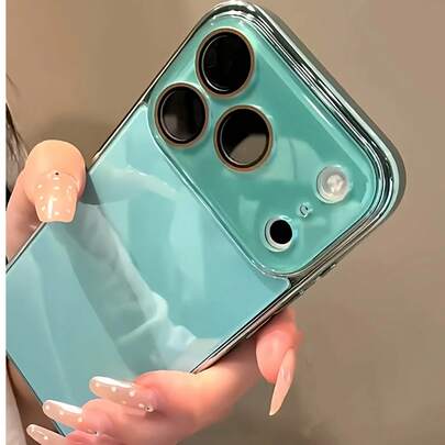极简奢华镜面时尚手机壳，电镀玻璃反光蓝绿色镜面，兼容 17 Pro Max，女士保护套，兼容 16/15/14/13，带镜头膜，防震高端女神设计，春季复活节礼物